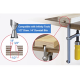 Router table setup showing 14-degree dovetail bit making groove in wood with clamp detail.