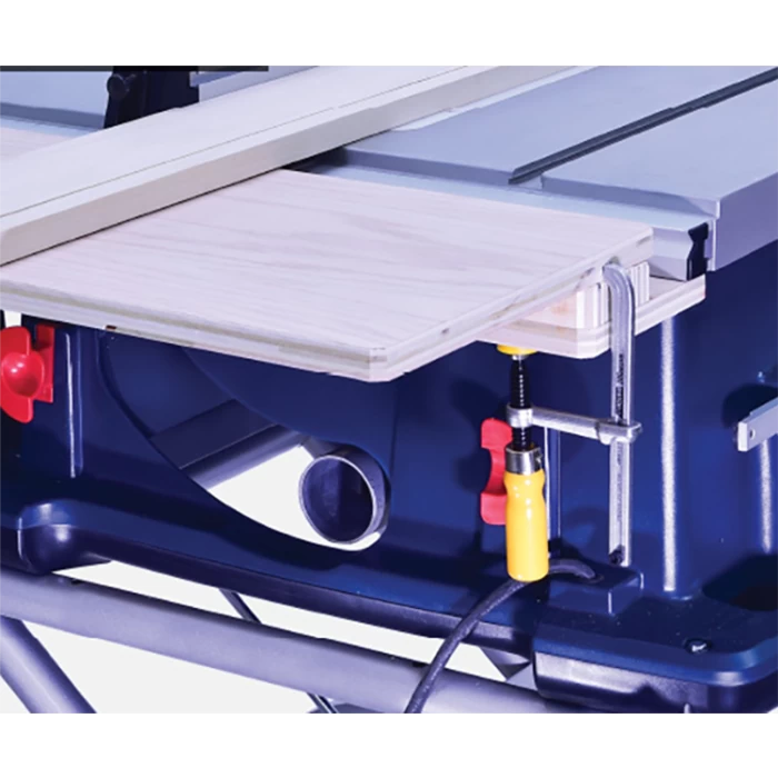Woodworking table saw with extension wing, fence, and clamp for precise cutting