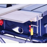 Woodworking table saw with extension wing, fence, and clamp for precise cutting