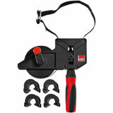 Adjustable band clamp with red and black handle for woodworking, includes four corner clips.
