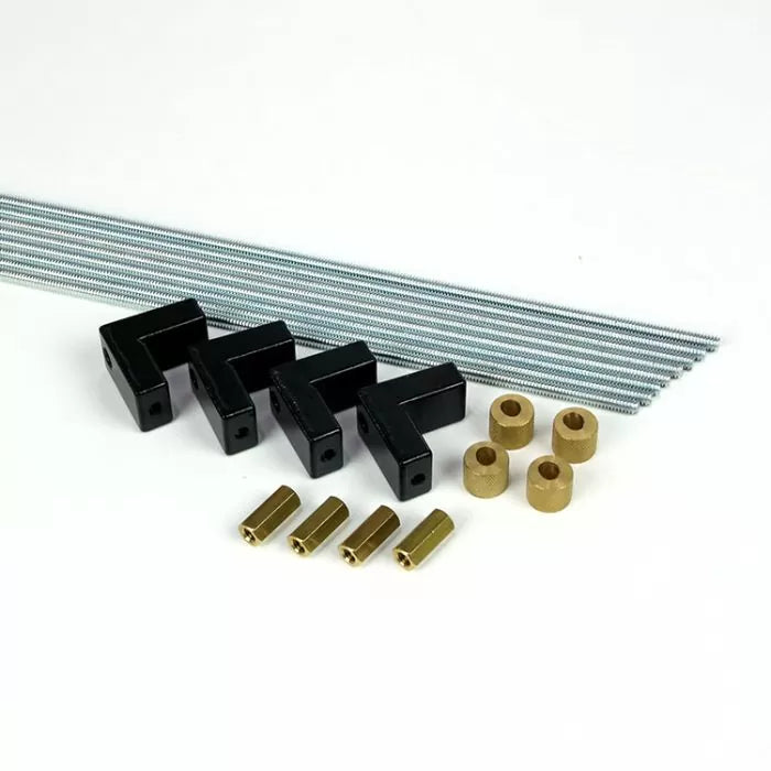 Router table fence kit with threaded rods, black corner brackets, and brass hardware