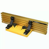 Precision woodworking fence with gold aluminum track, black adjustment knobs, and Magswitch branding.
