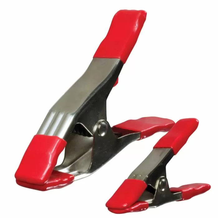 Steel spring clamps with red-coated handles and tips, woodworking hardware