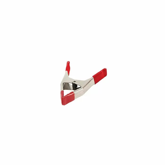 Metal spring clamp with red vinyl grips for woodworking and crafts on white background
