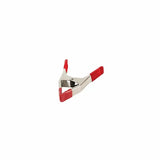 Metal spring clamp with red vinyl grips for woodworking and crafts on white background