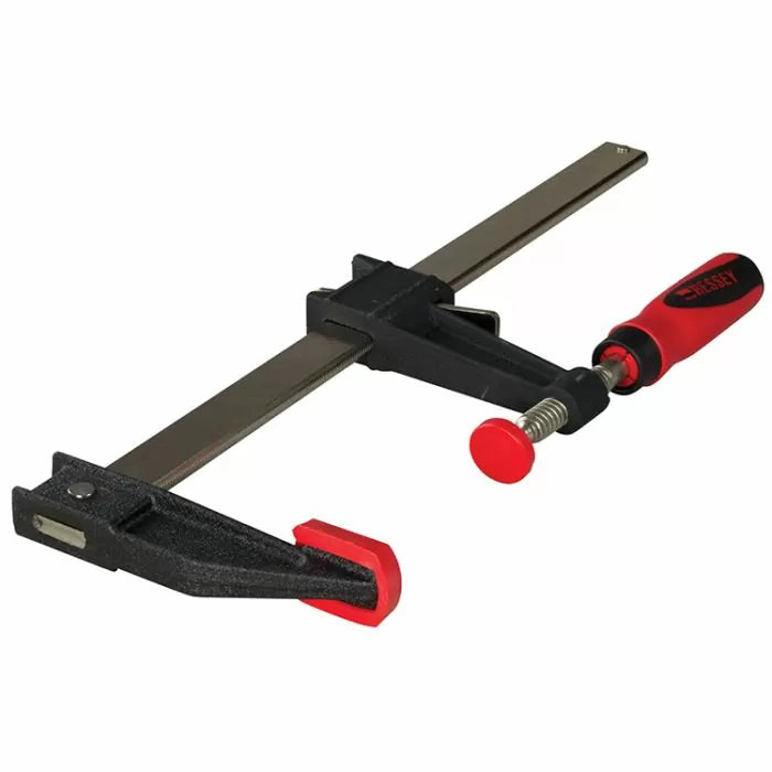 Heavy-duty woodworking bar clamp with red handle and jaw on white background