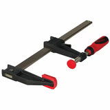 Heavy-duty woodworking bar clamp with red handle and jaw on white background