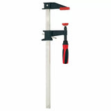 Woodworking F-style bar clamp with red handle and black jaws for secure clamping