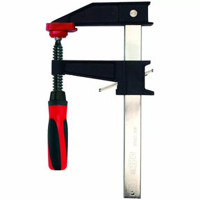 F-style woodworking clamp with red and black handle on white background