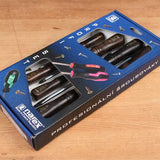 Boxed set of professional wood-handle screwdrivers on a wooden surface