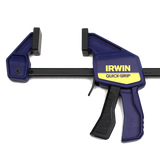 Blue Irwin Quick-Grip woodworking clamp with padded jaws and ergonomic handle