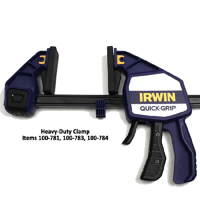 Irwin Quick-Grip bar clamp with blue handle and adjustable jaws for woodworking.