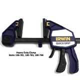 Irwin Quick-Grip bar clamp with blue handle and adjustable jaws for woodworking.