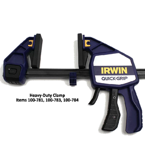 Irwin Quick-Grip bar clamp with blue handle and adjustable jaws for woodworking.