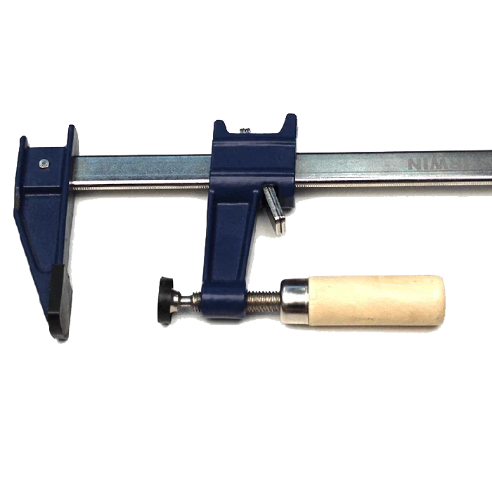 Bar clamp with blue metal body and wood handle for woodworking projects