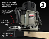 Router on wood board with adjustable anti-tilt leg and low friction foot for precise routing