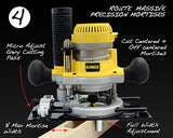 Adjustable woodworking router jig creating precision mortises with micro adjustment on wood