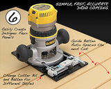 Router with CRB7 jig making precise dado cuts in wood panel, woodworking tool in action.