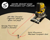 Router circle cutting jig with compass hub and micro adjustment on wood for precision woodworking.