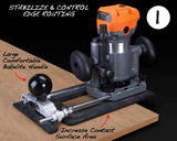 Router with offset base plate and Bakelite handle for precise edge routing on wood.