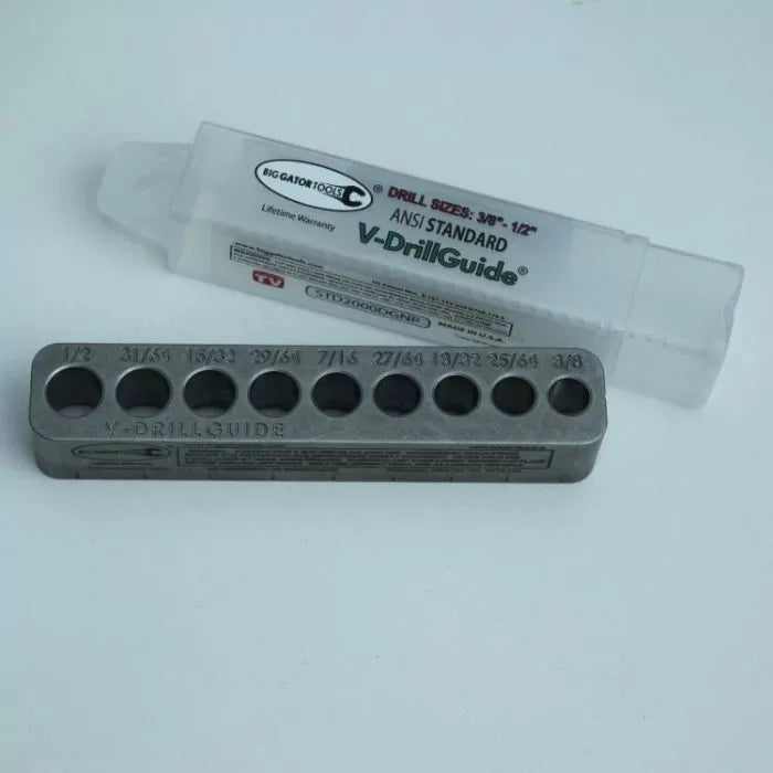 Metal V-DrillGuide with multiple drill hole sizes and labeled plastic case for woodworking.