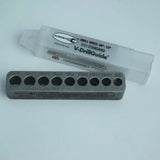 Metal V-DrillGuide with multiple drill hole sizes and labeled plastic case for woodworking.