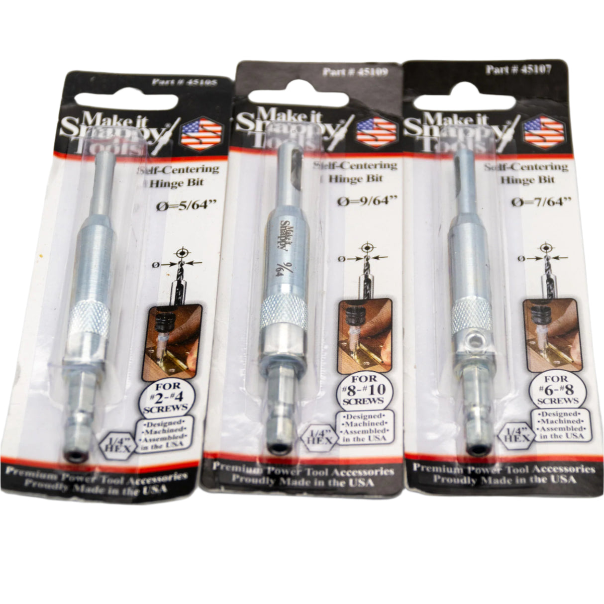 Three self-centering hinge bits for woodworking in retail packaging, sizes 5/64, 9/64, 7/64 inch