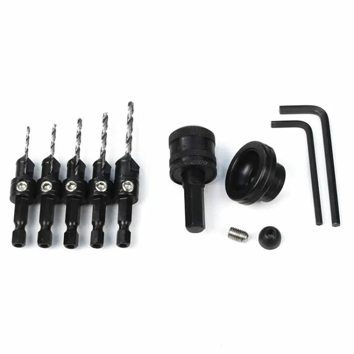 Woodworking countersink drill bit set with hex shank, driver, and hex keys on white background