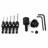 Woodworking countersink drill bit set with hex shank, driver, and hex keys on white background