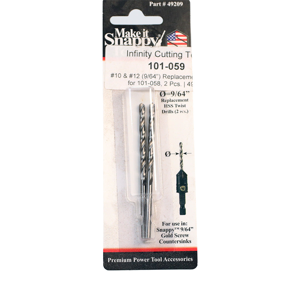 Replacement 9/64 inch HSS twist drill bits two-pack in retail packaging for woodworking