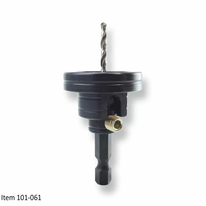 Replacement drill bit and arbor for woodworking hole saw, shown close-up on white background