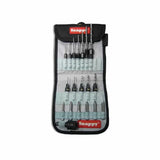Drill bit set with countersinks and quick-change adapters in a gray tool pouch
