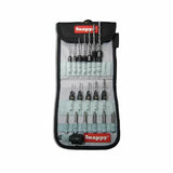 Woodworking drill bit set with assorted bits and holders in a gray Snappy case