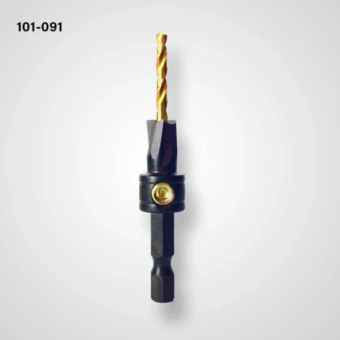 Combination woodworking countersink drill bit with hex shank and gold twist drill tip on white background