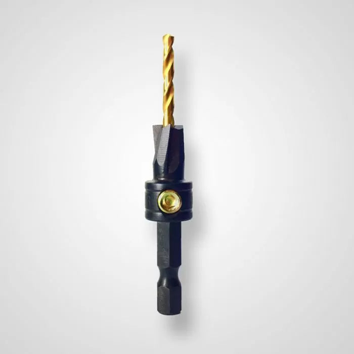 Woodworking countersink drill bit with hex shank and adjustable collar on white background