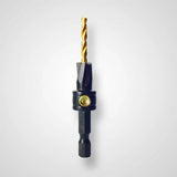 Woodworking countersink drill bit with hex shank and adjustable collar on white background