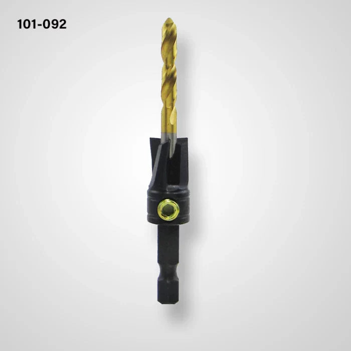 Titanium-coated countersink drill bit with hex shank for woodworking on white background