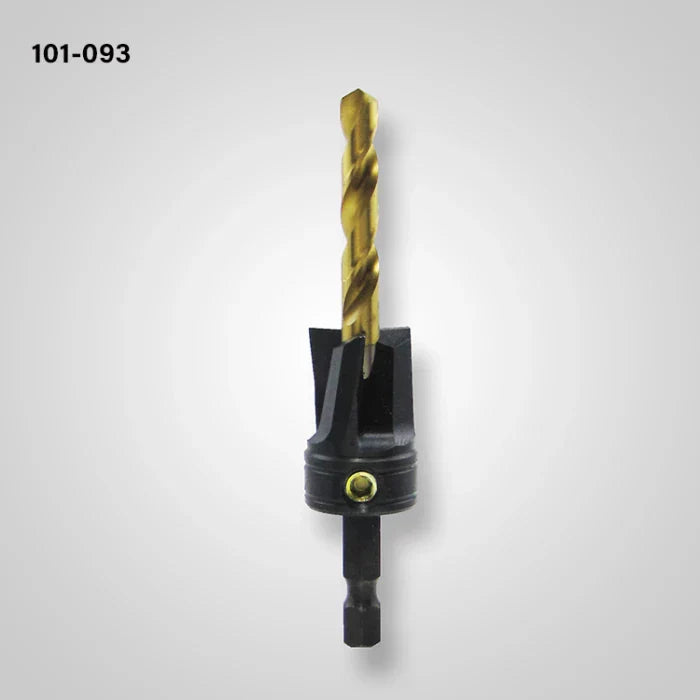 Titanium coated countersink drill bit with hex shank for woodworking on white background