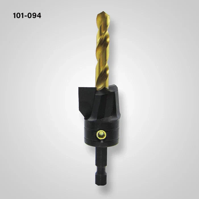 Woodworking countersink drill bit with hex shank and gold twist bit on light background