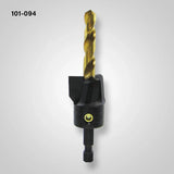 Woodworking countersink drill bit with hex shank and gold twist bit on light background