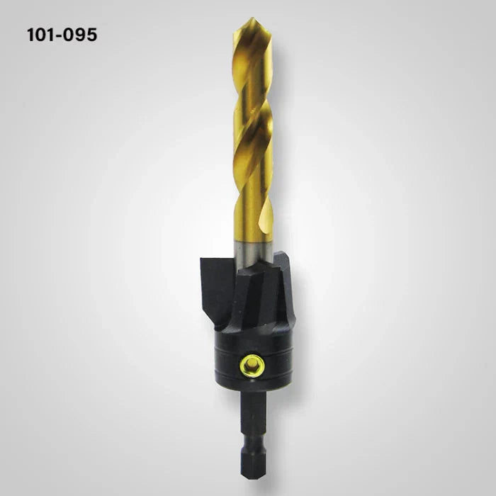Titanium-coated woodworking countersink drill bit with hex shank on white background