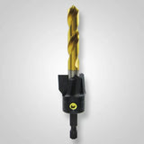 Titanium-coated woodworking drill bit with black countersink attachment on white background