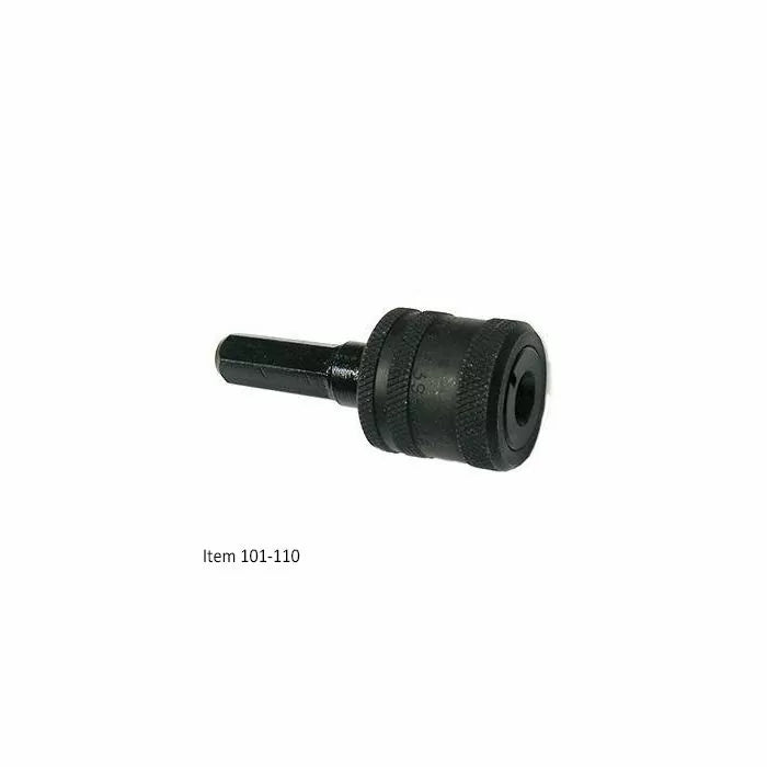 Hex shank drill bit adapter for woodworking, black metal, isolated on white background