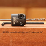 Drill bit stop collar with hex key for woodworking, compatible with 1/8 to over 1/4 inch bits.
