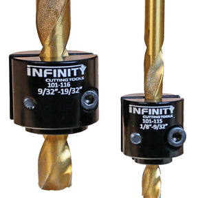 Two drill bits with black adjustable stop collars for woodworking precision