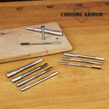 Chrome Armor threaded taps displayed on a wooden workbench with woodblock for woodworking.