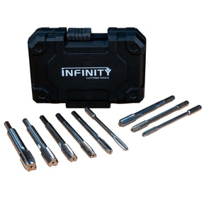 Thread tap set with metal taps and black plastic storage case on white background