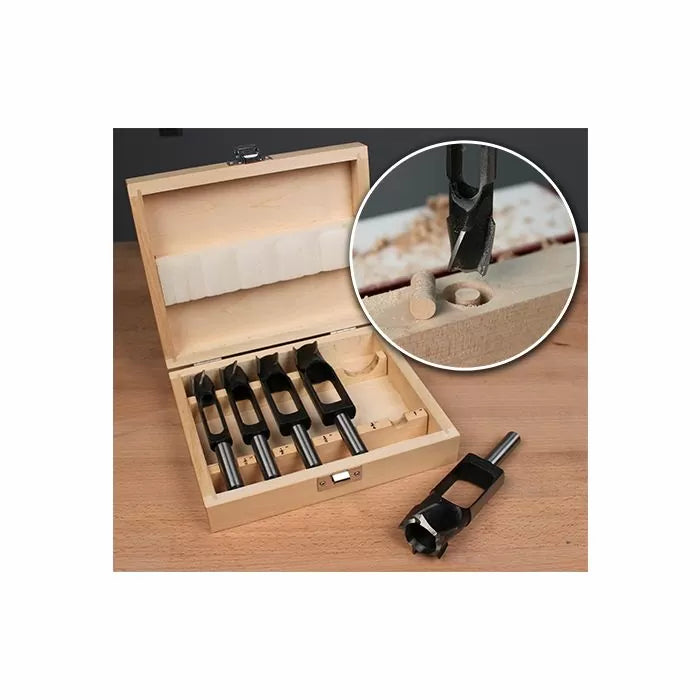 Wood plug cutter set in a wooden case with close-up of plug cutter cutting a wood dowel