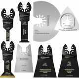 Assorted multi-tool oscillating saw blades for wood and metal cutting, displayed on white.