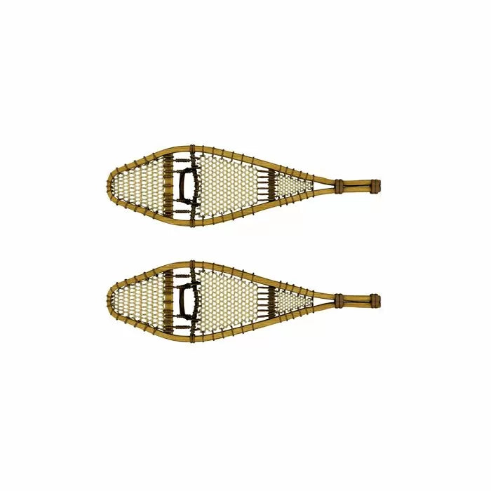 Pair of traditional wooden snowshoes with woven webbing on a white background.